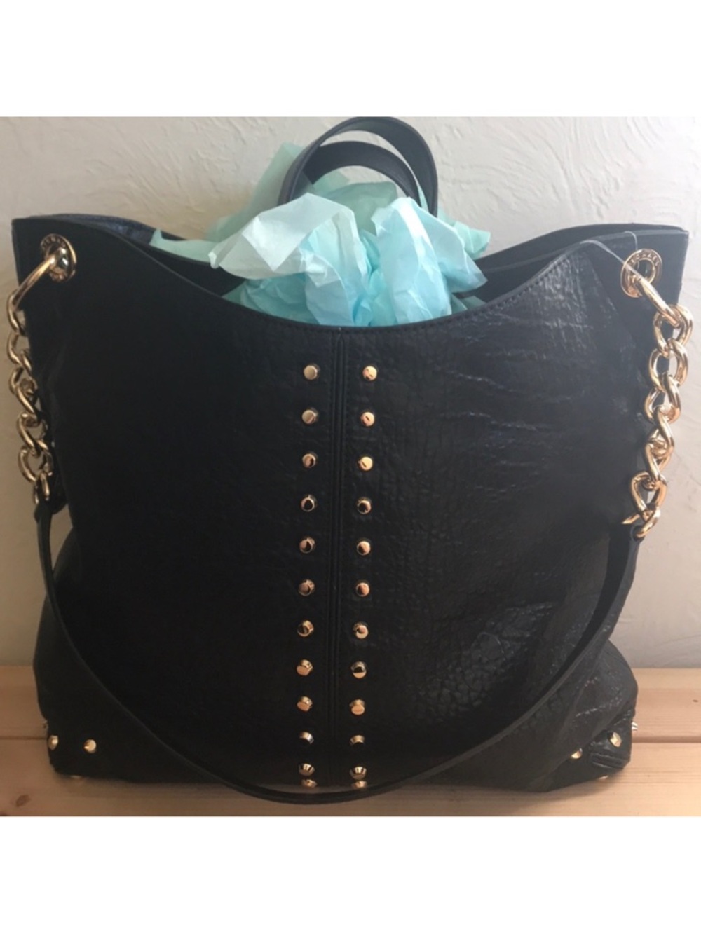 Michael Kors Black Tote with Gold Chain Handles and Stud Detail